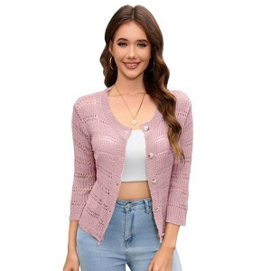 Coolmee Women's 3/4 Sleeve Crochet Knit Button Down Cardigan Cropped Shrug Bolero Lightweight Sweaters Tops - 1 of 4