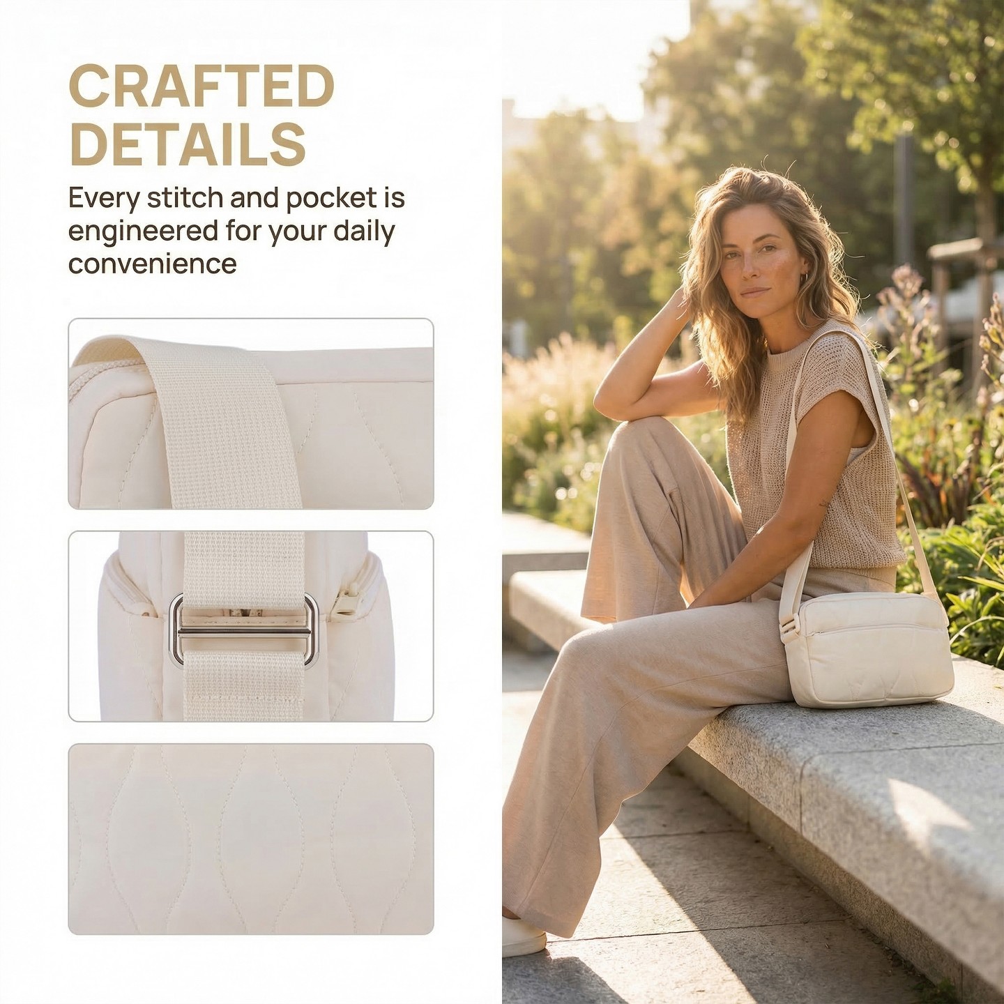 Сумки INSPIRE CHIC 2 Packs Crossbody for Women Travel Purse Puffy Shoulder Handbag with Adjustable Strap Beige/Black 9.4*2.4*6.1 inches, цвет: Бежевый — фото 4