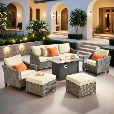 XIZZI 4-Season Outdoor Sofa Set w/ Optional Firepit - 3+2+2 Seating, 4 Colors (Navy, Orange, Green, Beige), Weatherproof Patio Furniture for Yard