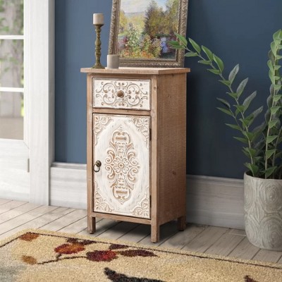 Rustic Floral Carved Wood and Metal End Table with Storage