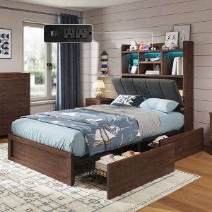AMERLIFE LED Bed with 4 Storage Drawers, Bookcase Headboard and Charging Station - 1 of 4