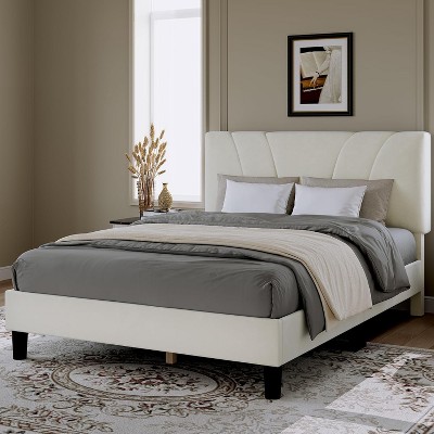 Full Bed Frame, Wave-Patterned Upholstered Bed with Two Drawers, Swan ...