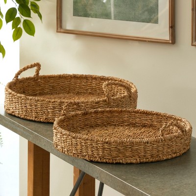 Natural Seagrass Round Decorative Trays with Handles
