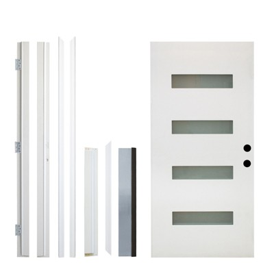 PexFix 36"x80" 4-Lite Exterior Frosted Glass Prehung Front Entry Door Primed Interior Fiberglass Entrance Door White Left Hand Inswing w/ Vinyl Frame