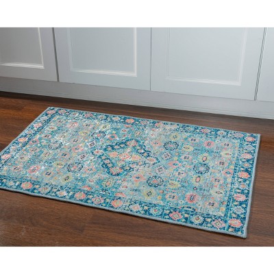 Ivory and Blue Rectangular Silk-Look Synthetic Rug, 2'2" x 3'2"