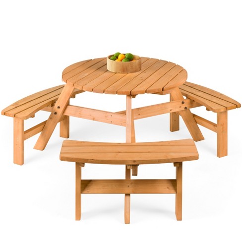 Best Choice Products 6 Person Circular Outdoor Wooden Picnic Table w 3 Built In Benches 500lb Capacity Natural