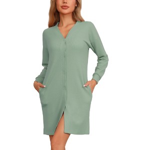 cheibear Women's Waffle Knit Long Sleeve with Pockets Button Downs Nightgowns - 1 of 4