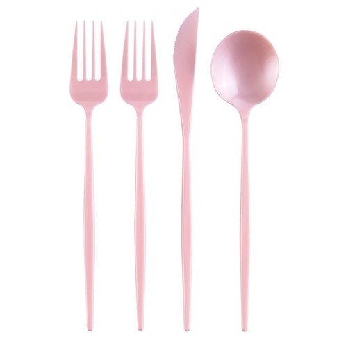 240ct Silver with Pink Handle Moderno Disposable Plastic Cutlery Set Spoons, Forks and Knives (240 Guests)