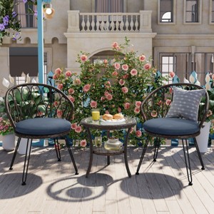 3 Piece Outdoor Patio Leisure Set,Rattan Garden Patio Bistro Set,Fabric Upholstered Rattan Chairs Set of 2 with Round Table-Coolbibila - 1 of 4