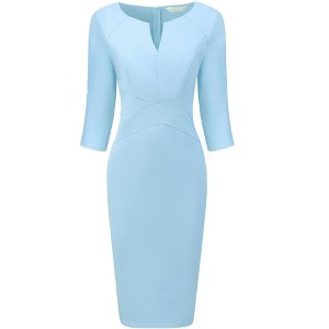 Hobemty Women's Work Zipper Neck Cross Waist-Lined 3/4 Sleeve Midi Pencil Dresses - 1 of 4