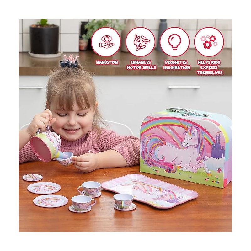 Syncfun Unicorn Castle Pretend Tea Set for Kids Toddlers Age 3 4 5 6, Princess Tea Party Set with Teapot, Cups, Plates and Carrying Case, 5 of 7