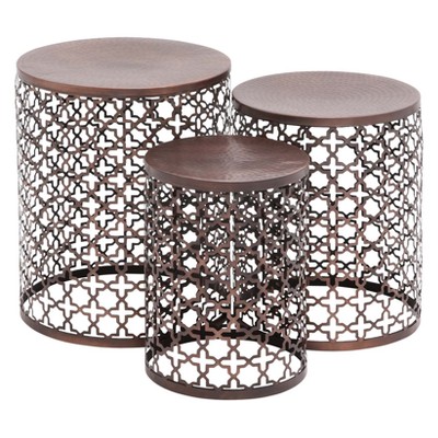 Metal (Set of 3) Cylinder Quatrefoil Design Accent Tables Brown - Olivia & May