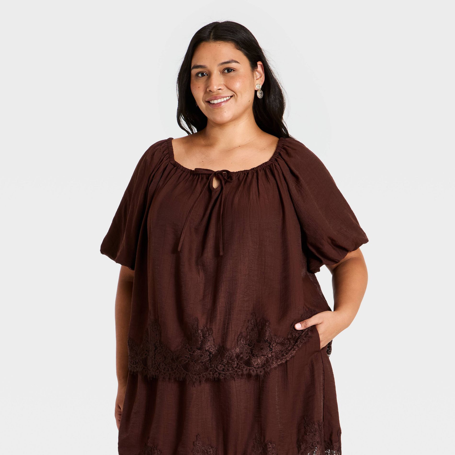 Women's Short Puff Sleeve Front Tie Lace Trim Top - Ava & Viv™ Brown