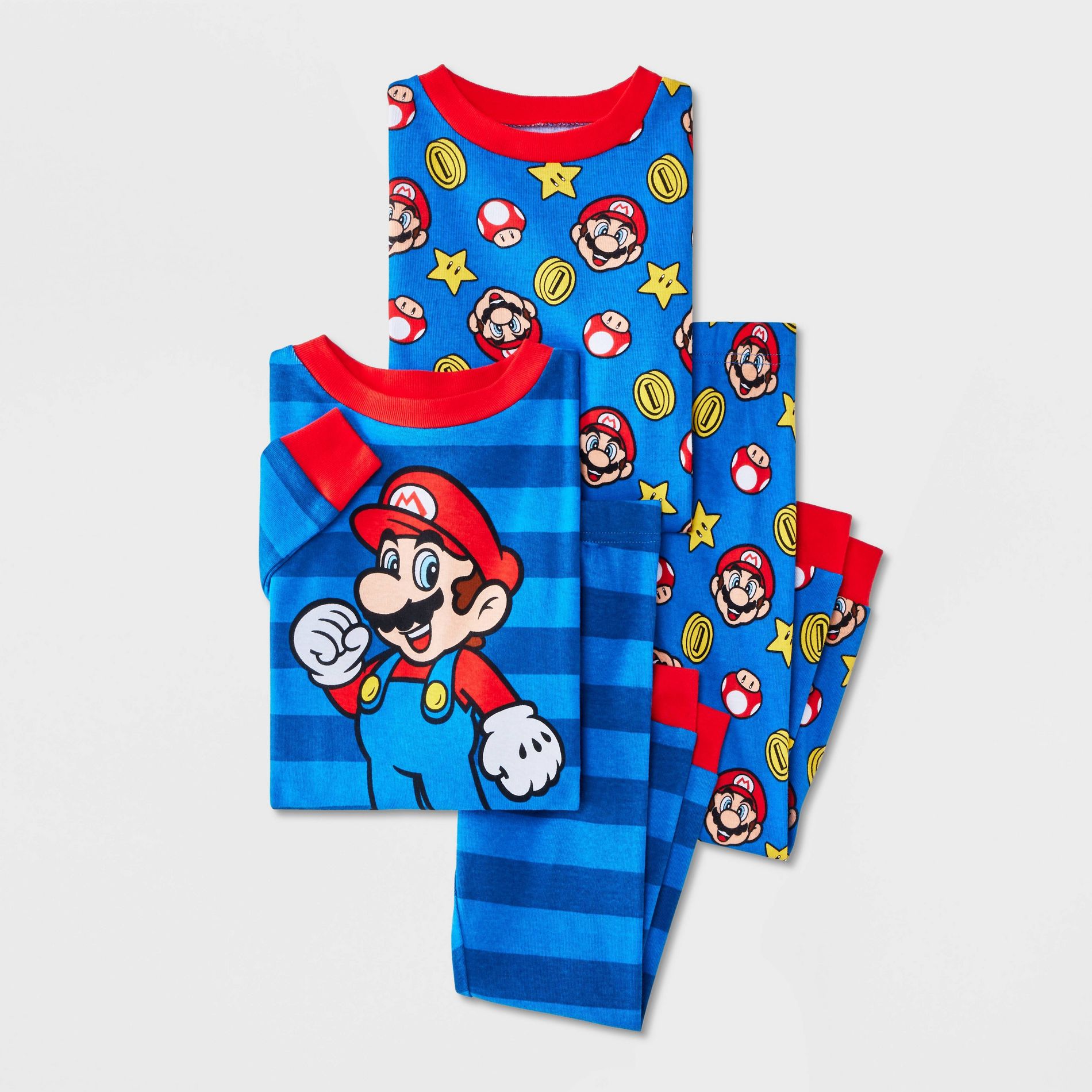 Toddler Boys' Super Mario Snug Fit Long Sleeve Cotton Pajama Set 4pc - Blue