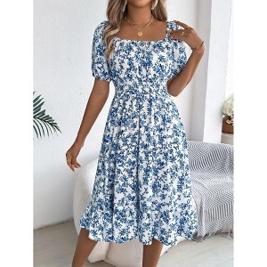 Clearlove Womens Summer Dress- Square Neck Puff Sleeve Smocked Ruffle Hem A-line Mini Short Dresses - 1 of 4