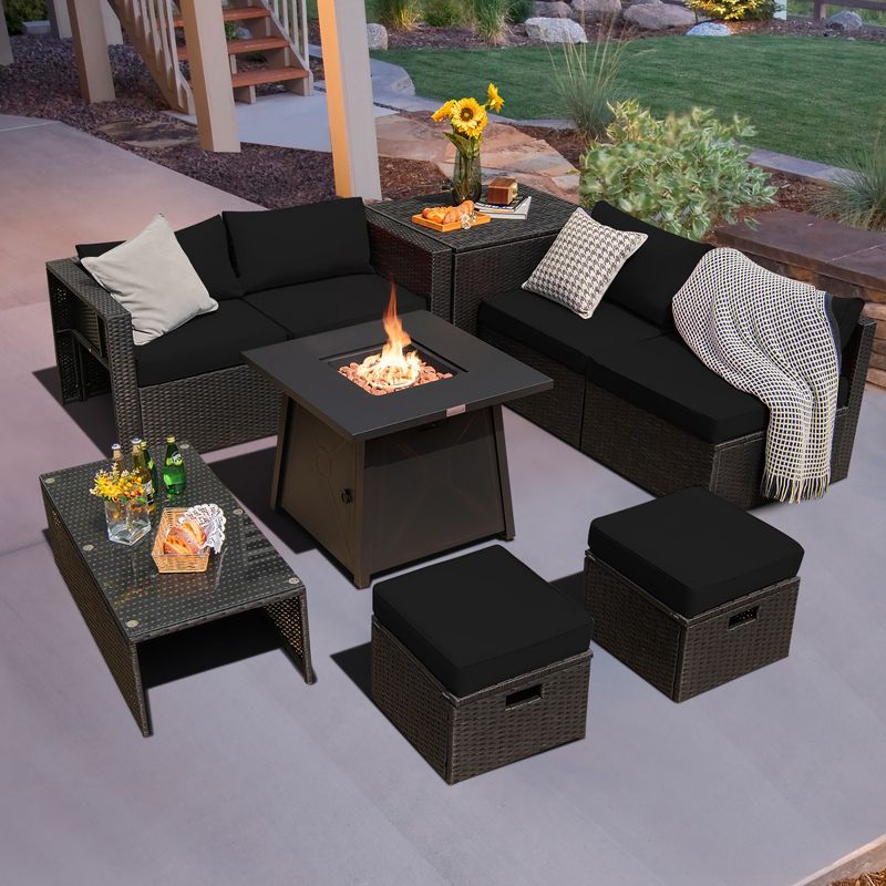 Costway 9PCS Patio Rattan Furniture Set Fire Pit Space-saving W/ Cushion cover, 1 of 11