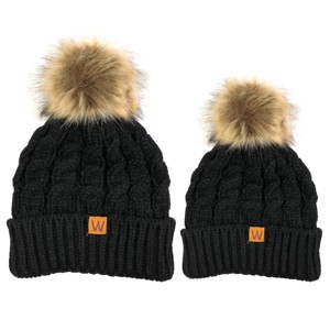 Wrapables Cable Knit Faux Fur Pom Pom Beanie, Mommy & Me Set Black - 1 of 4