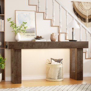 Aheaplus 63'' Farmhouse Console Table with Power Outlets and Light, Wood Narrow Entryway Table - 1 of 4