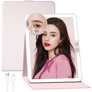 FUNTOUCH Large Rechargeable Travel Makeup Mirror with 10X Magnification, 3 Lighting Modes, Tabletop Folding with PU Leather Cover - 1 of 4