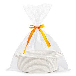 Itopfox Small Woven Gift Basket with Ribbon, Durable Storage Organizer for Baby Toys, Home Decor, and Office Supplies, Handles Included, White - 1 of 4