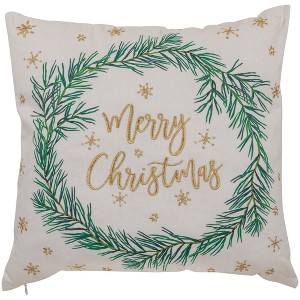 Northlight 18" Embroidered "Merry Christmas" Wreath Cotton Square Throw Pillow - 1 of 4