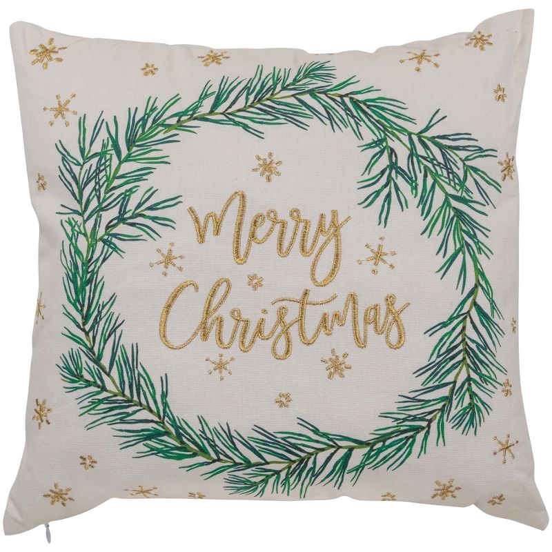 Northlight 18" Embroidered "Merry Christmas" Wreath Cotton Square Throw Pillow, 1 of 7