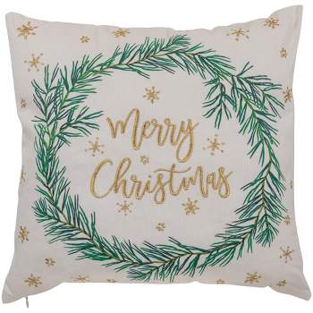 Northlight 18" Embroidered "Merry Christmas" Wreath Cotton Square Throw Pillow