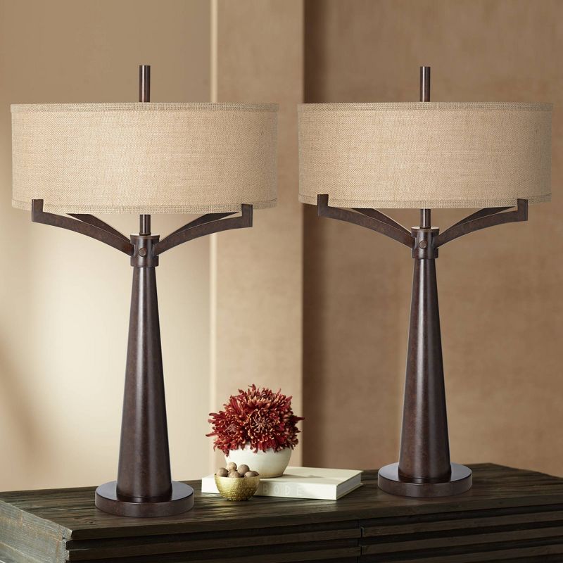 Franklin Iron Works Tremont Modern Mid Century Table Lamps 31 1/2" Tall Set of 2 Rich Bronze Iron Burlap Fabric Drum Shade for Bedroom Living Room, 2 of 10
