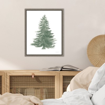 Holiday Tree Green and White Canvas Print with Gray Frame