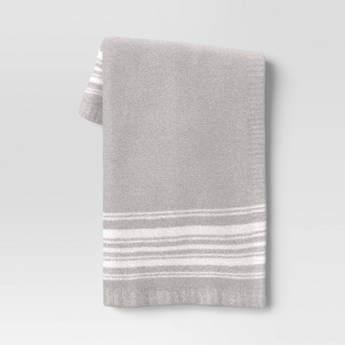 Cream Throw Blanket - Gray Linen Towel Vertical by everindie - Gray Stripes Simple Fabric Monotone sale Throw Blanket with Spoonflower Fabric