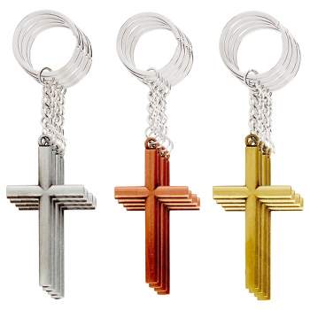Juvale 12 Pack Metal Cross Keychains, Jesus Key Rings, Religious Door, Car, Key Holders for Easter, Baptism, Funeral Favors, Silver, Copper, Gold