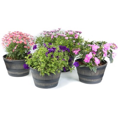 Gardenised Rustic Wood- Look Plastic Half Barrel Flower Pot Bucket Planter, Pack of 4