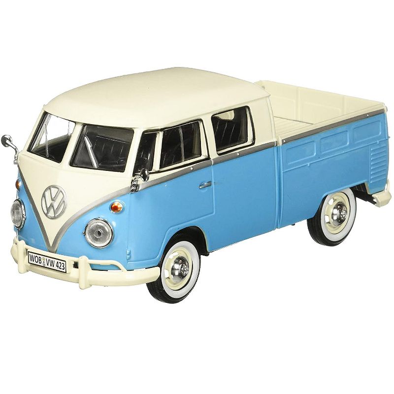 Volkswagen Type 2 (T1) Double Cab Pickup Truck Light Blue and Cream 1/24 Diecast Model Car by Motormax, 2 of 4