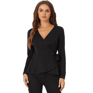 Allegra K Women's Elegant V-Neck Long Sleeves Tie Waist Knit Casual Wrap Peplum Blouse - 1 of 4