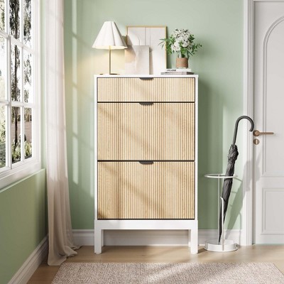 Shoe Storage Cabinet with 2 Flip Drawers & Large Drawer, Farmhouse Fluted Shoe Organizer with Metal Legs, Freestanding Hidden Slim Narrow Shoe Rack