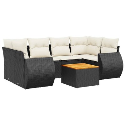 vidaXL 7 Piece Patio Sofa Set with Cushions Black and Cream Poly Rattan
