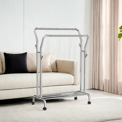 Double-Rod Garment Rack with Wheels, 40.7-Inch Wide Clothes Hanging and Storage Rack for Display