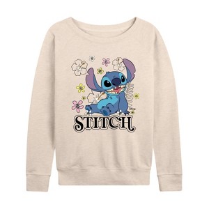 Women's - Disney - Stitch Sit Floral Lightweight French Terry Wide Neck Long Sleeve Graphic Shirt - 1 of 4
