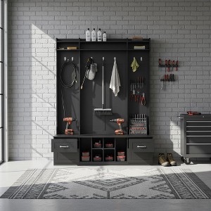 Homy Casa Entryway Hall Tree with Storage Bench, Shelves, and Coat Hooks for Mudroom or Hallway, Black - 1 of 4