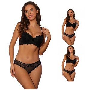 INSPIRE CHIC Women's Underwire Breathable Lace Push-Up Bra and Underwear Sets 3 Packs - 1 of 4