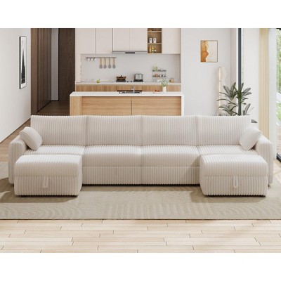 Vipbear Beige Extra Large Modular Sectional Sofa,Comfy Corduroy Modern Oversized 4-Seat Sectional Couch with Deep Seat,Tool-Free Assembly