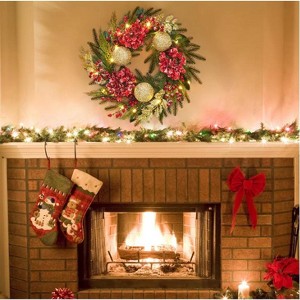 TackView 24Inch Christmas Wreath, Artificial Wreath with Berries, Flowers, Leaves, Holiday Decorations for Indoor Outdoor Mantel Door, Red+Gold - 1 of 4
