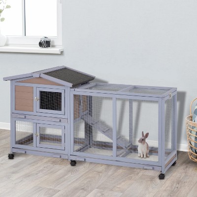 Large Gray Wooden Two-Story Guinea Pig Hutch with Wheels