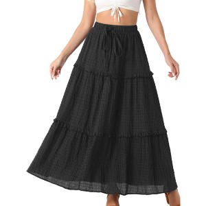 Allegra K Women's High Waist Tiered Belt Ruffle Lattice Texture Casual A Line Maxi Skirt - 1 of 4