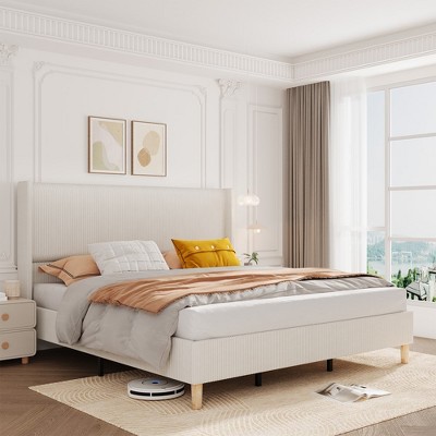 Full Size Corduroy Upholstered Bed Frame, 50.4" Full Bed Frame with Wingback Headboard, No Box Spring Needed, Wooden Slats, Noise Free, Beige