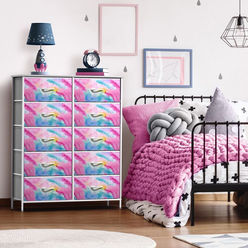 Sorbus 10 Drawers Dresser - Furniture Storage for Bedroom, Closet, Office Organization - Steel Frame, Wood Top, Fabric Bins (Tie Dye Blue/Pink), 2 of 7