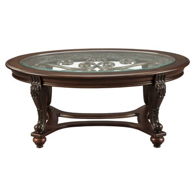 Brown Oval Wood and Glass Cocktail Table