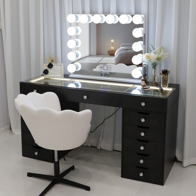 VANITII Eva Vanity Desk - 13 Storage Drawers, LED Bulbs Bluetooth Mirror