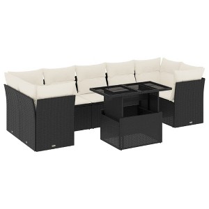 vidaXL 8 Piece Patio Sofa Set with Cushions Poly Rattan - Black and Cream without Storage - 1 of 4