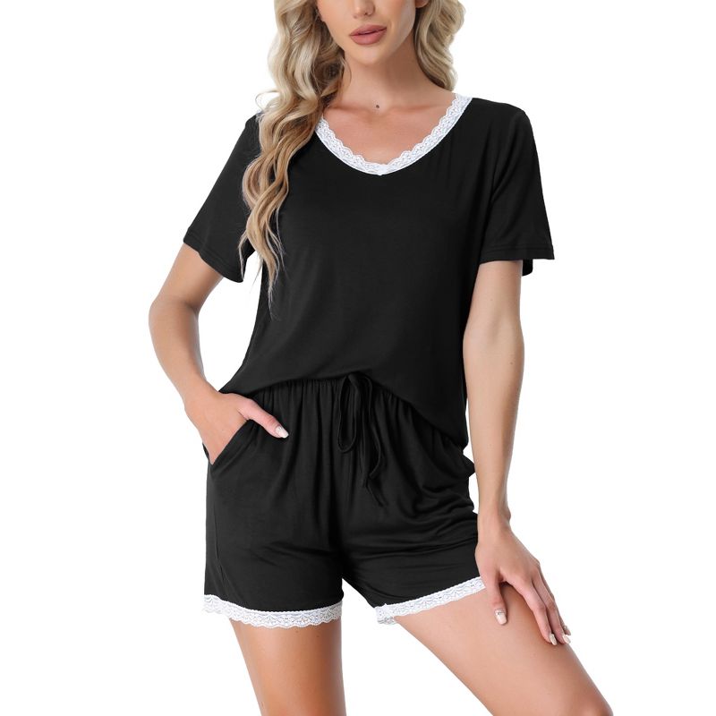 cheibear Women's Sleepwear Lounge Soft Nightwear with Pockets Shorts Sleeve 2 Pcs Pajama Set, 1 of 6